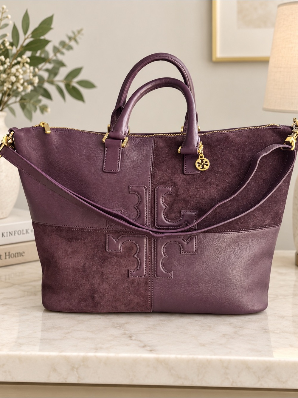 Tory Burch Plum Leather & Suede Tote with Gold Hardware